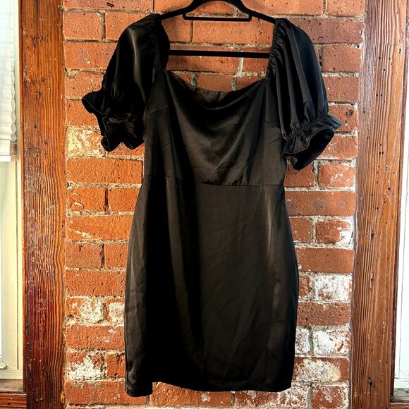 GB Square Neck Stretch Satin Puff Sleeve Mini Dress in Black LBD Party Sz M - Picture 1 of 9